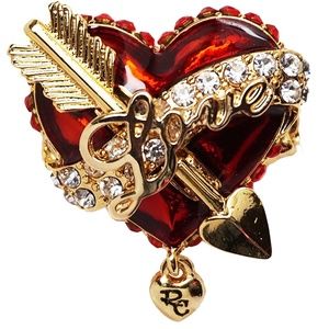 Ritzy Couture Love Valentine Heart & Arrow Red Dangle Ring for Women (Goldtone)